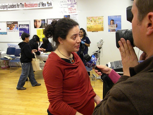 NYC Immigrant Affairs Commissioner Fatima Shama speaks with reporters at a census fair in Jackson Heights, Queens - Photo: John Rudolph.