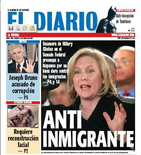 El Diario's 2009 cover story decrying Paterson's selection of Gillibrand to fill NY's open Senate seat.