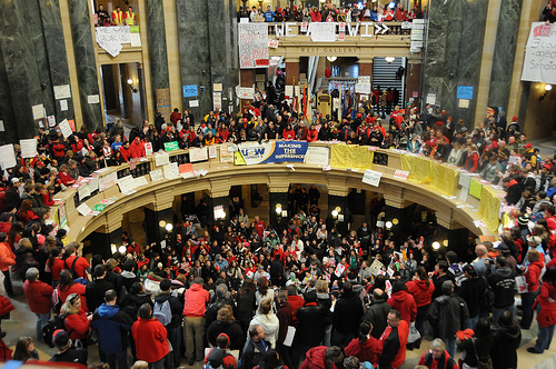 Union supporters protest at the Capitol in Madison, WI