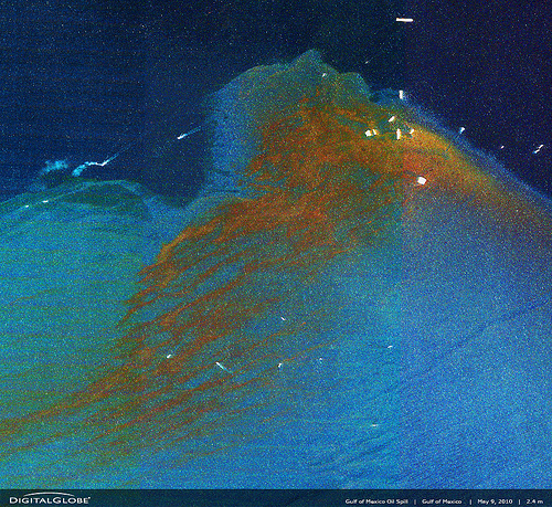 Satellite image of the oil spill clean up effort in the Gulf of Mexico - Credit: DigitalGlobe/Flickr
